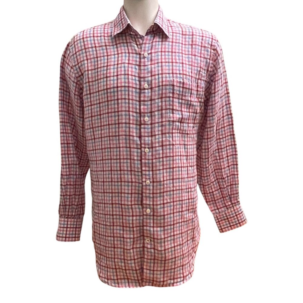 Peter Millar Button Down Shirt 100% Linen Men Sz M Medium Checked Sleeve